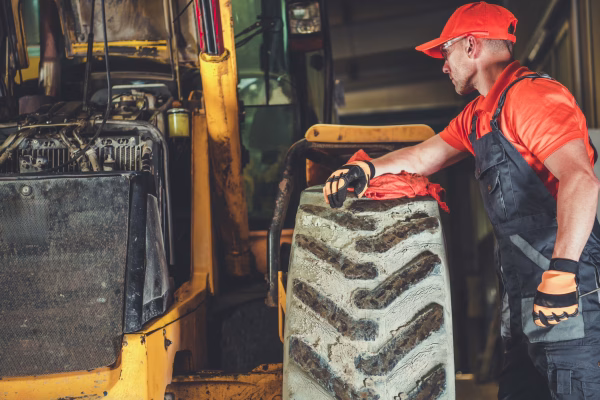 A mechanic inspects a large tire on a piece of construction machinery.