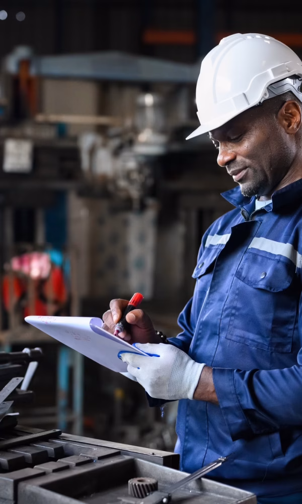 Professional male industrial worker in white hard hat working at manufacturing